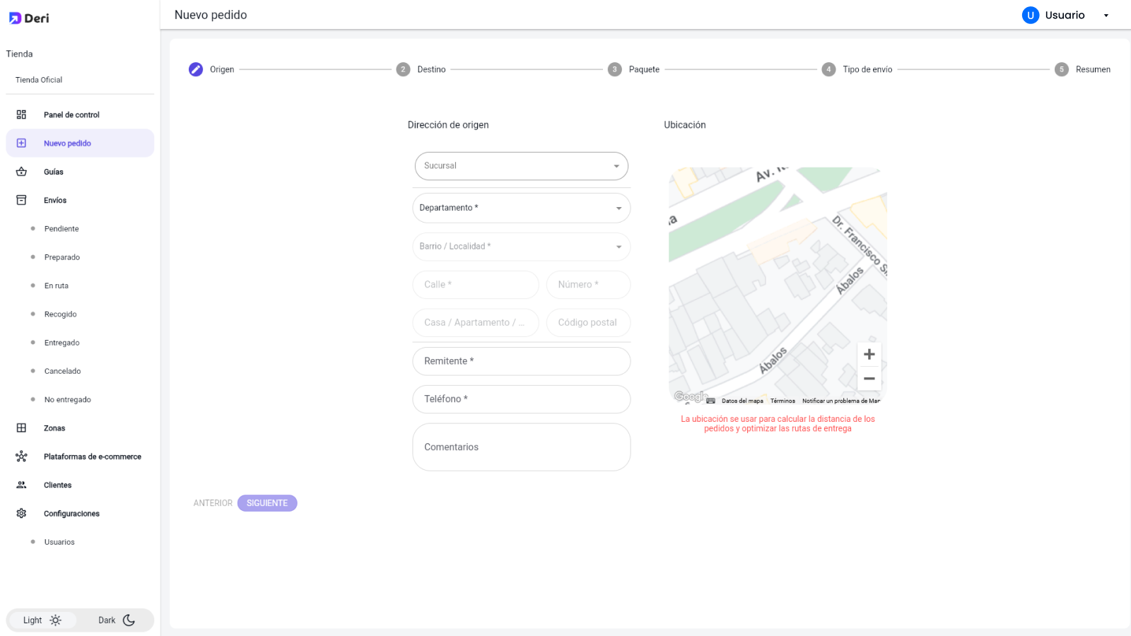 Creación de un pedido de manera manual.