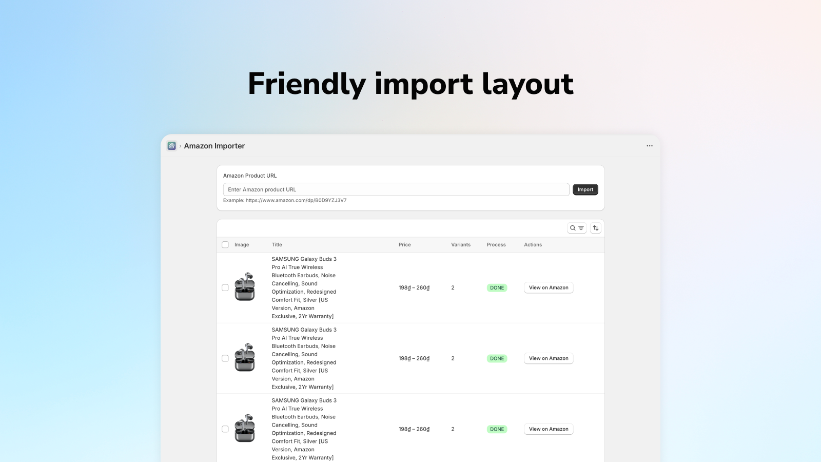 Friendly import product layout