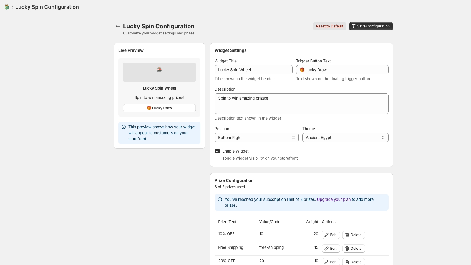 Lucky spin configruation include logic, rule and discount code