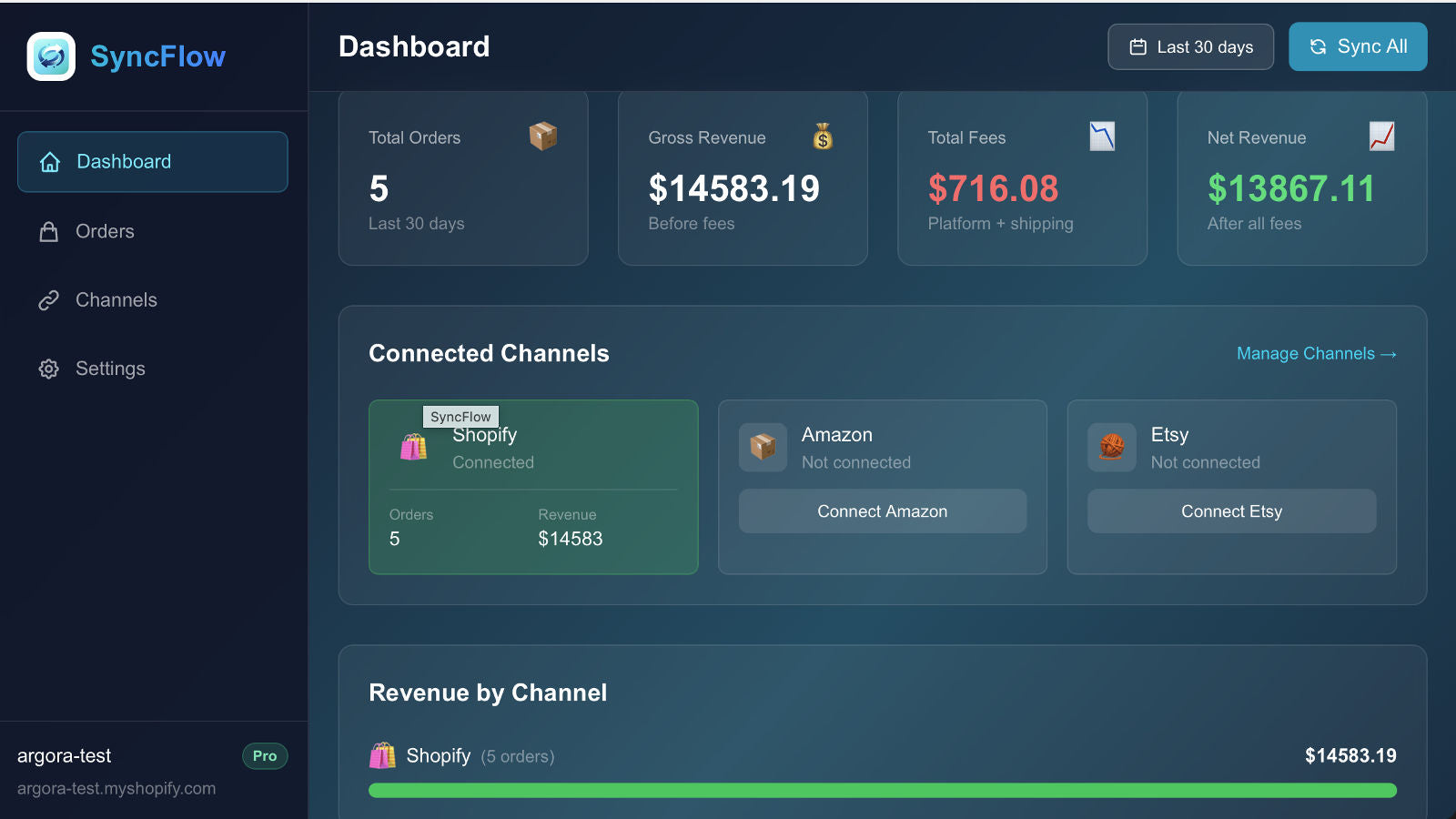 Dashboard with orders, revenue, fees, and channel breakdown