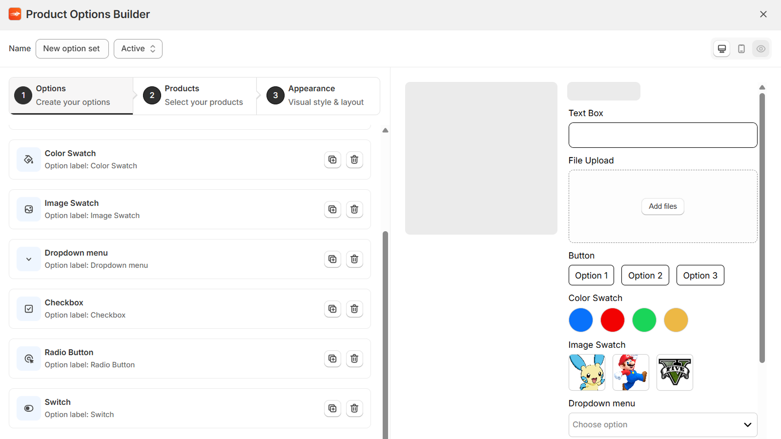 Product Options, Variant Options, Customizer