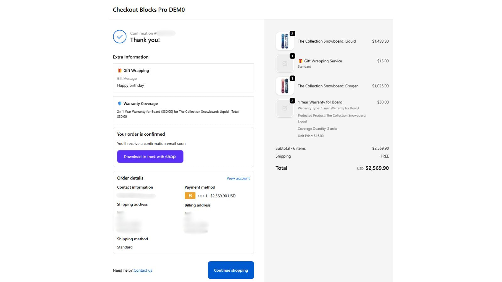 Thank you page with Checkout Blocks Pro features