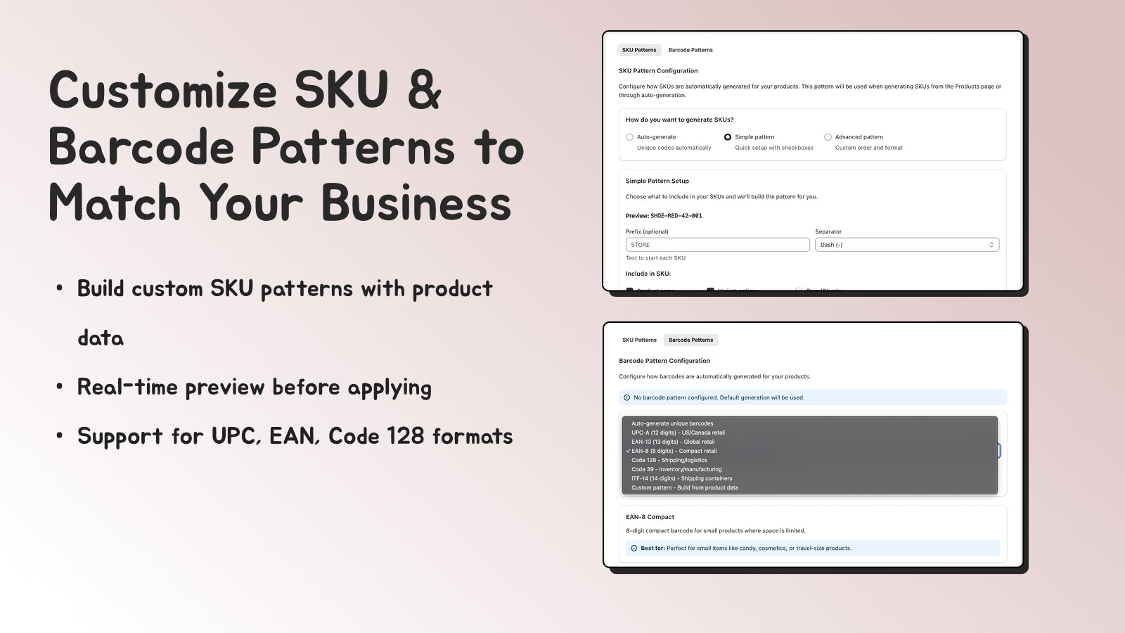 Customize SKU & Barcode Patterns