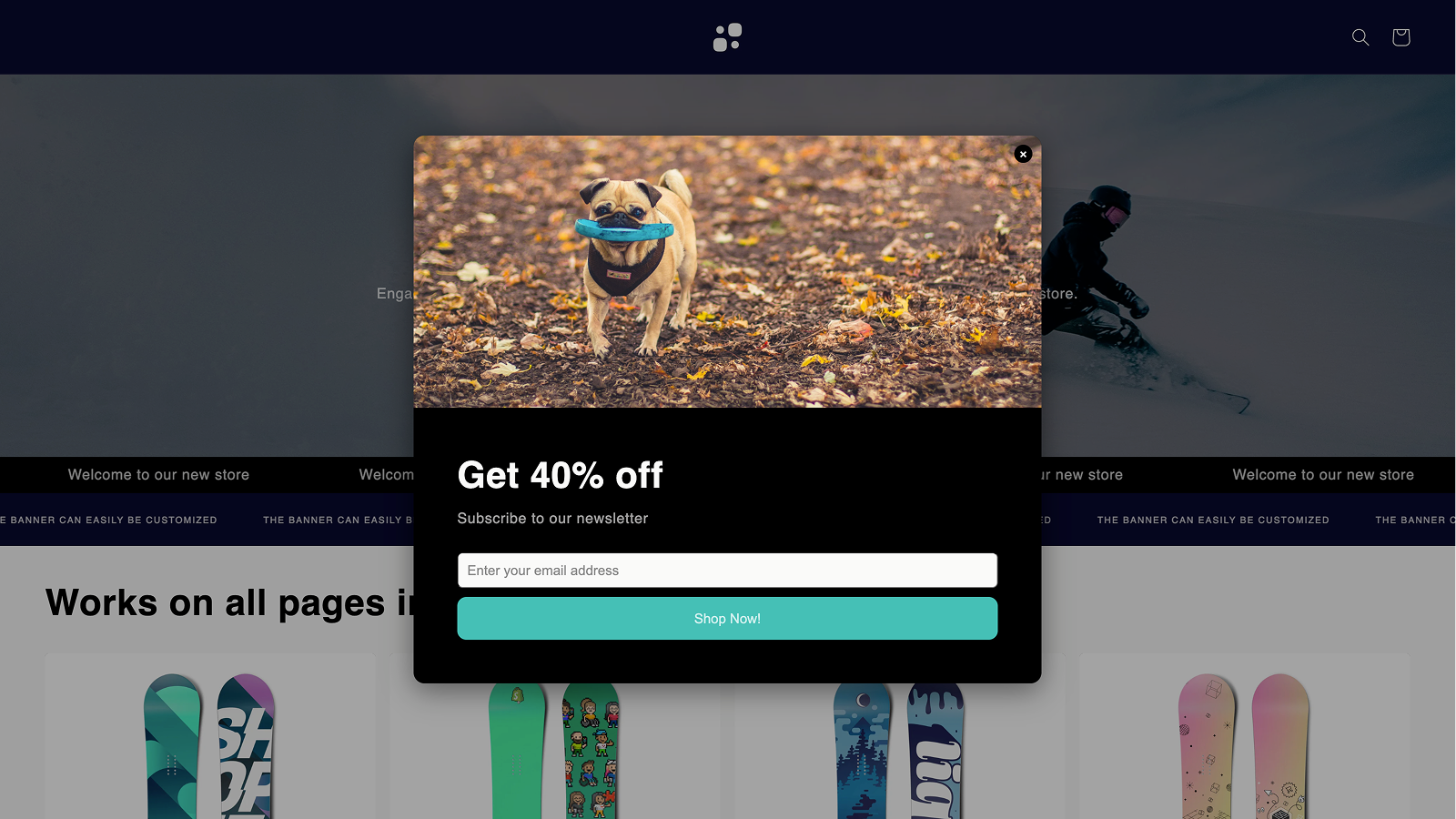 Popup showing image of a dog and input field for email
