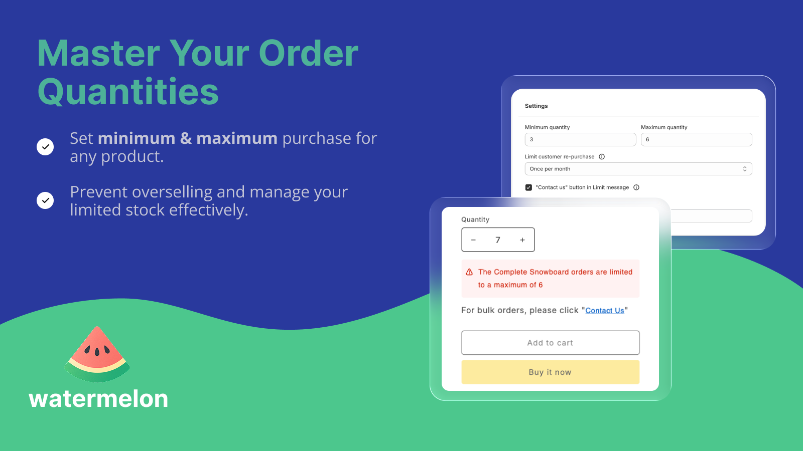 Watermelon app displaying settings for minimum and maximum order
