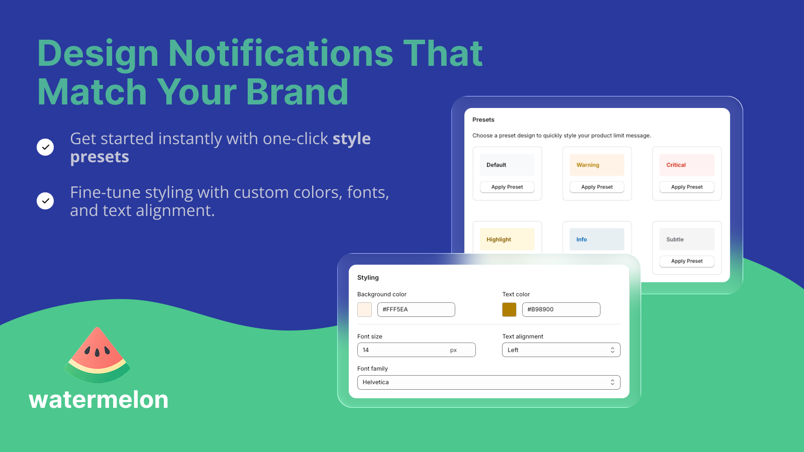 Watermelon interface showing notification style customization