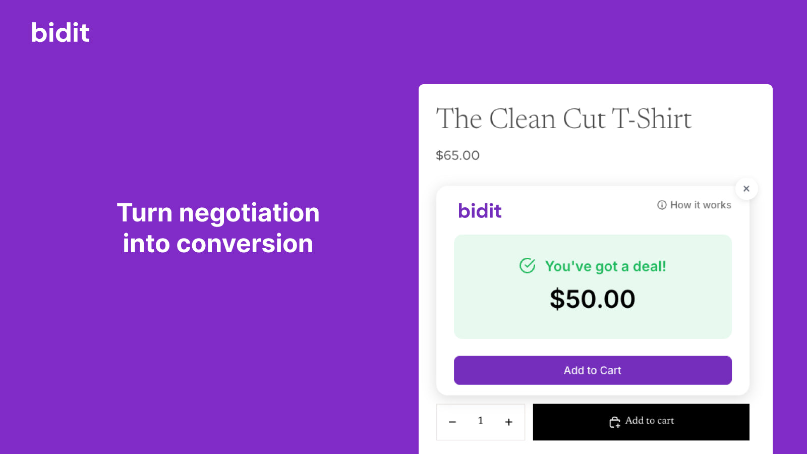 Shopify product page showing a successful Bidit offer accepted w