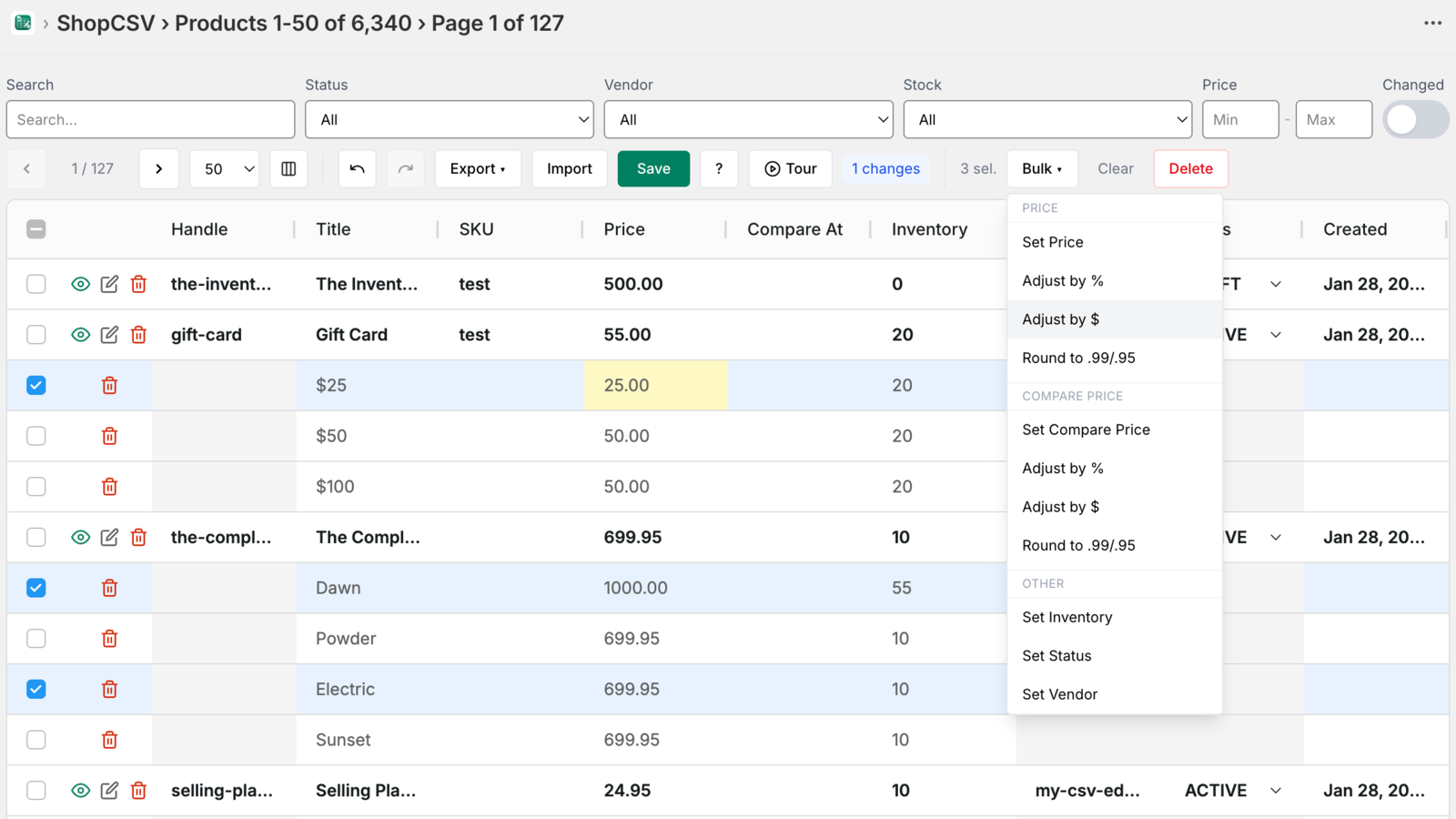 Multiple products selected with bulk action menu open