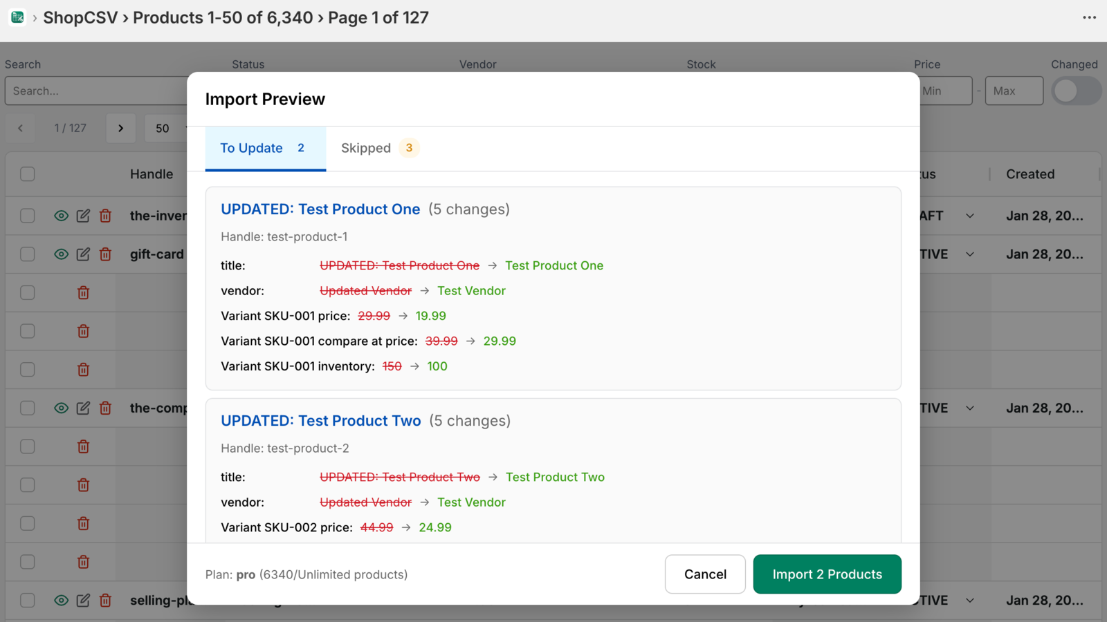 CSV import preview showing changes before applying