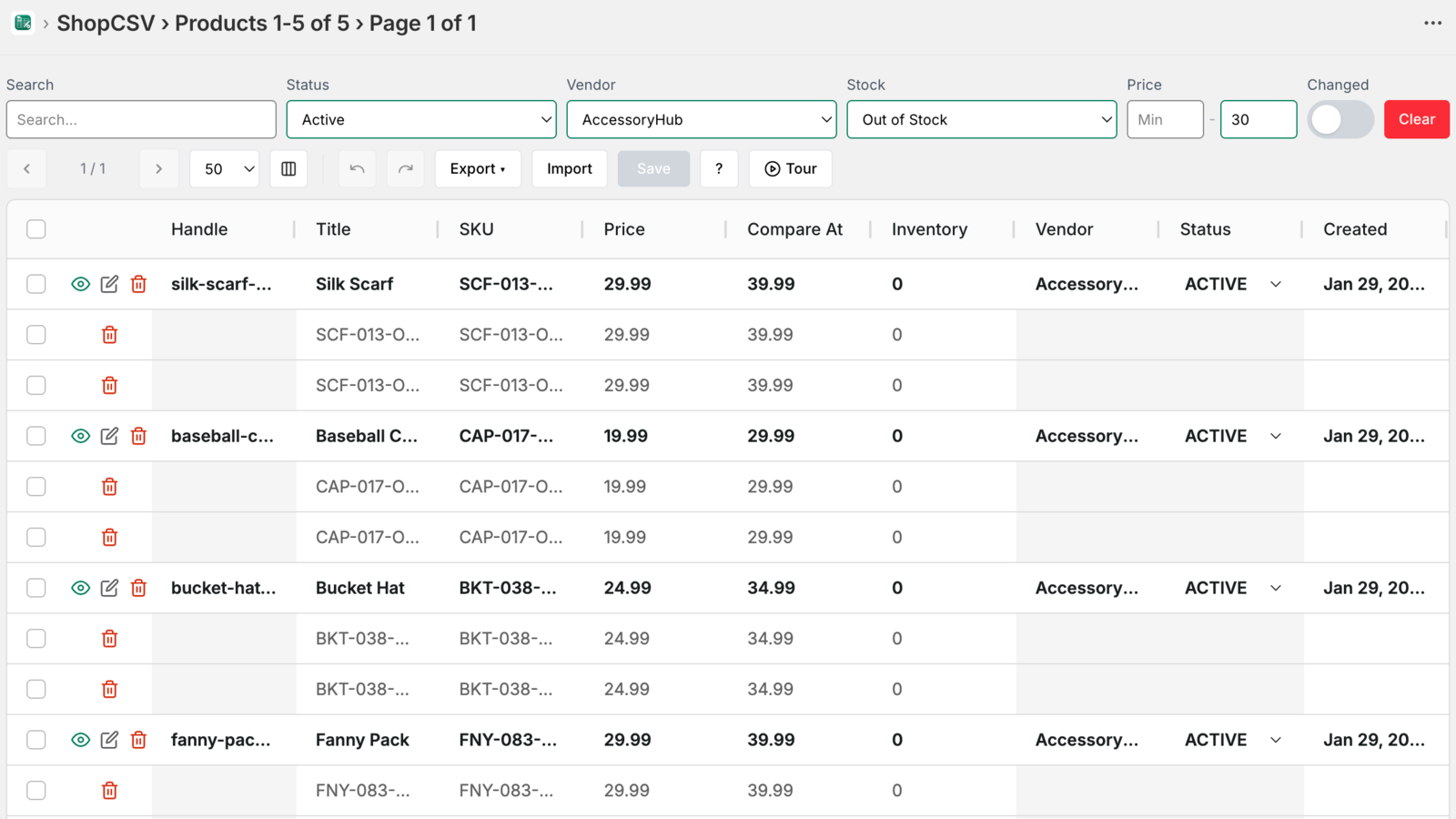Product filters by status, vendor, and stock level