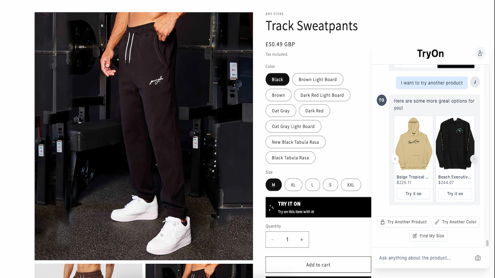 TryOn chat interface with product recommendations