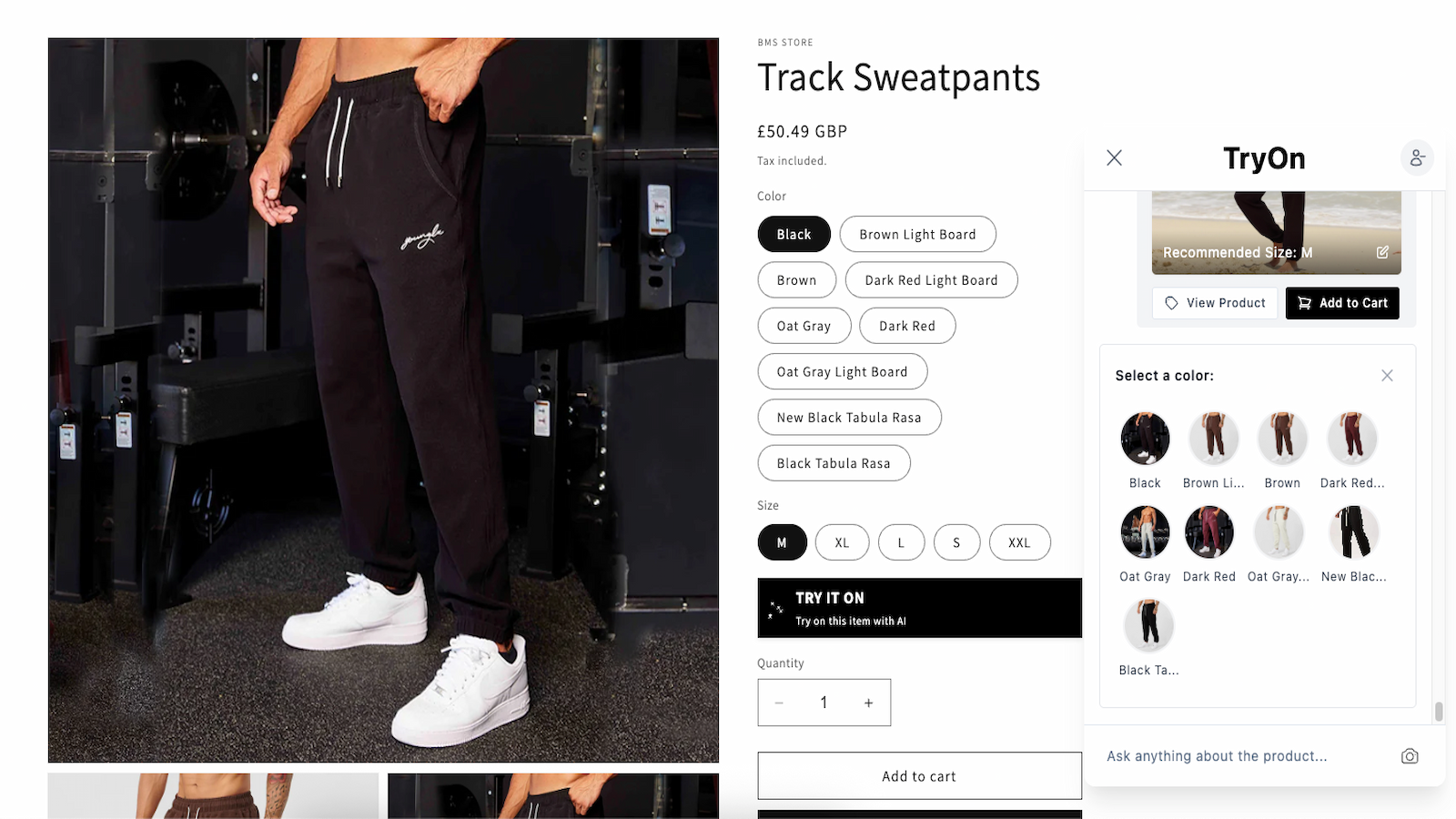 Product page with AI try-on widget showing virtual fitting
