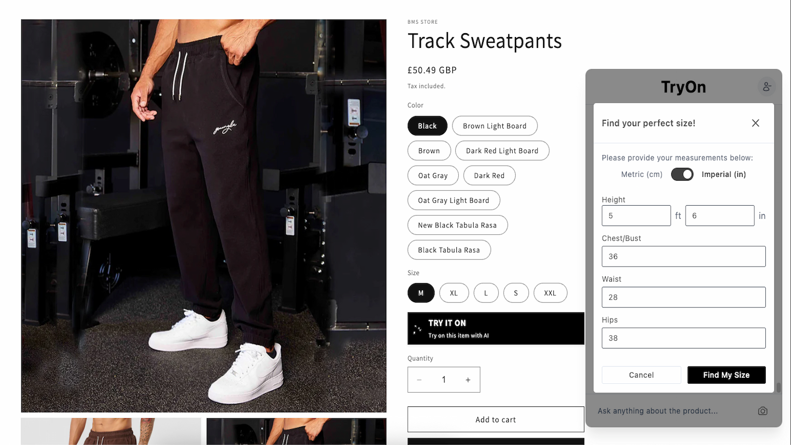 Size finder modal with measurement inputs