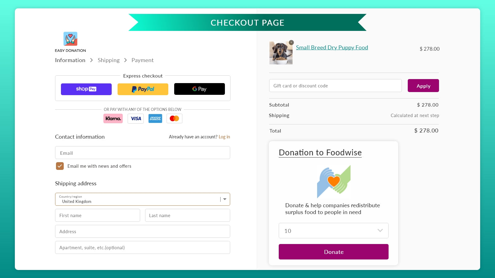 Donation on the Checkout Page - Charity Options