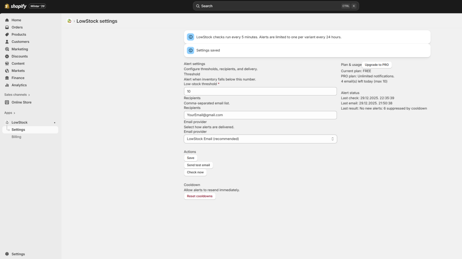 LowStock app settings page in Shopify admin