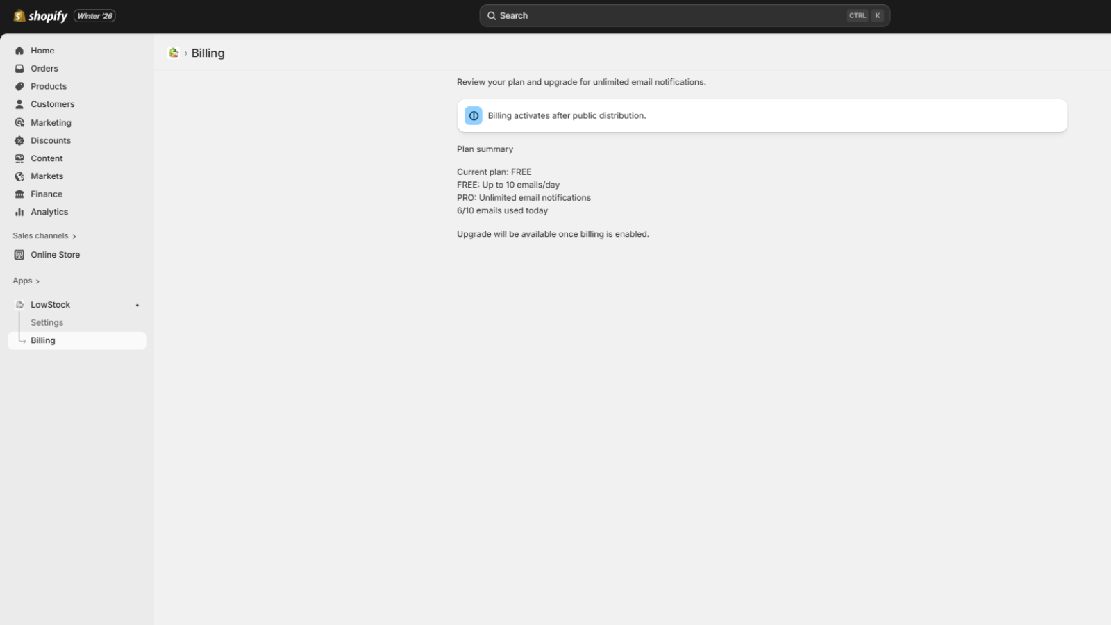 LowStock app billing page showing free and pro plan limits