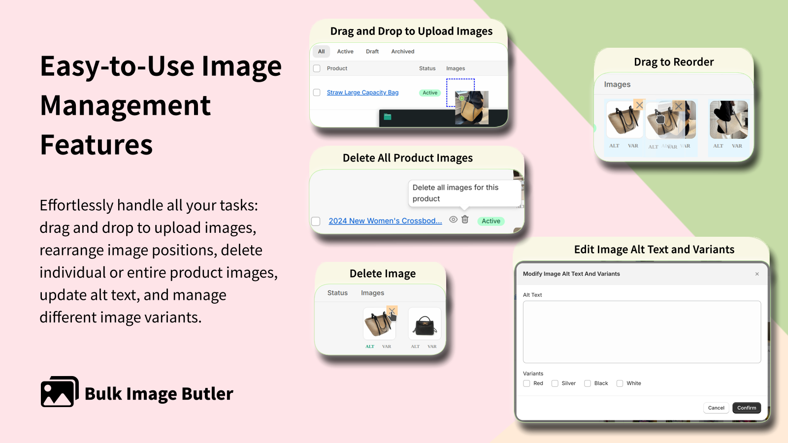 Drag-and-drop, rearrange, delete, and edit product images.