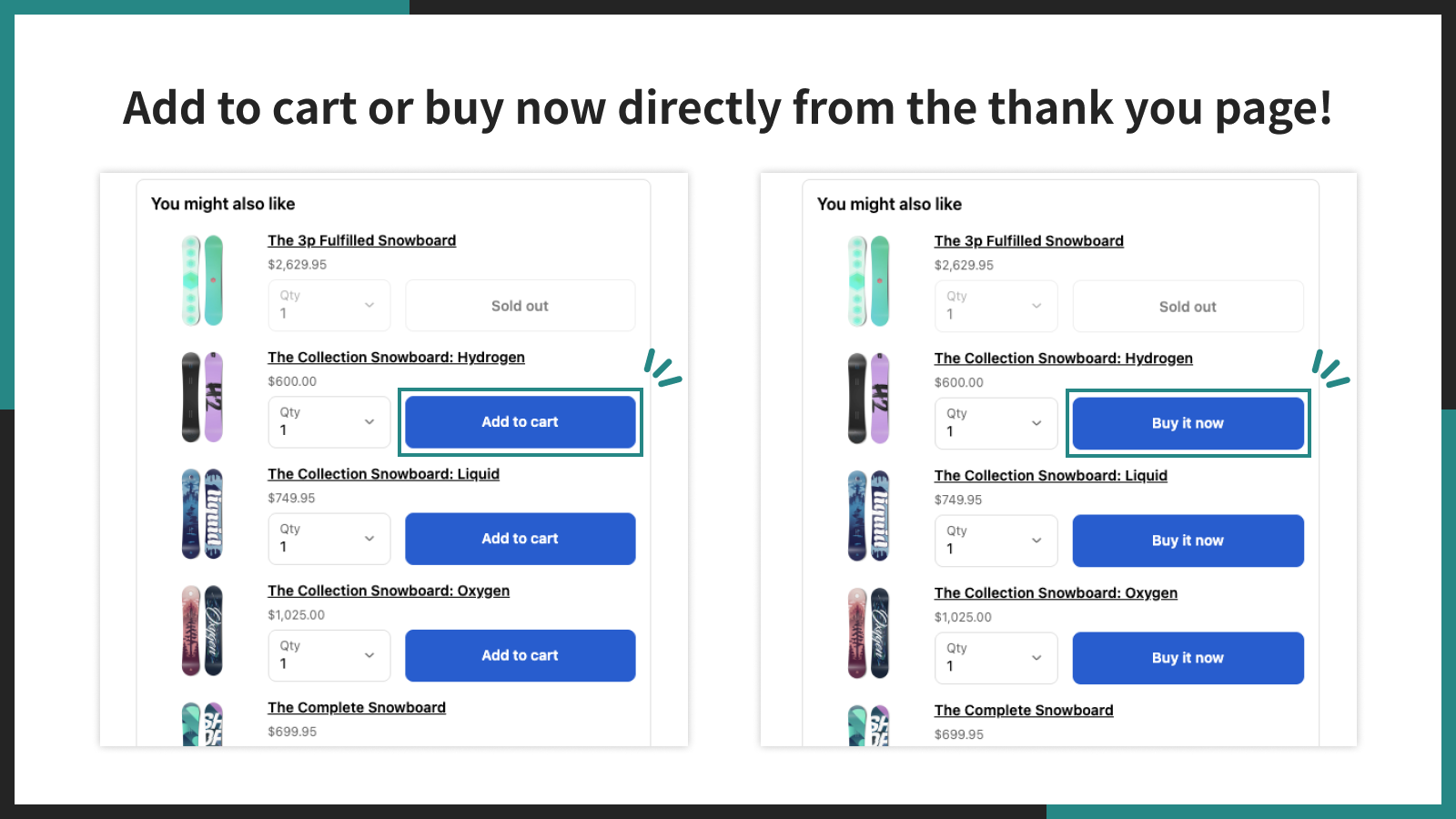 Add to cart or buy now directly from the thank you page!