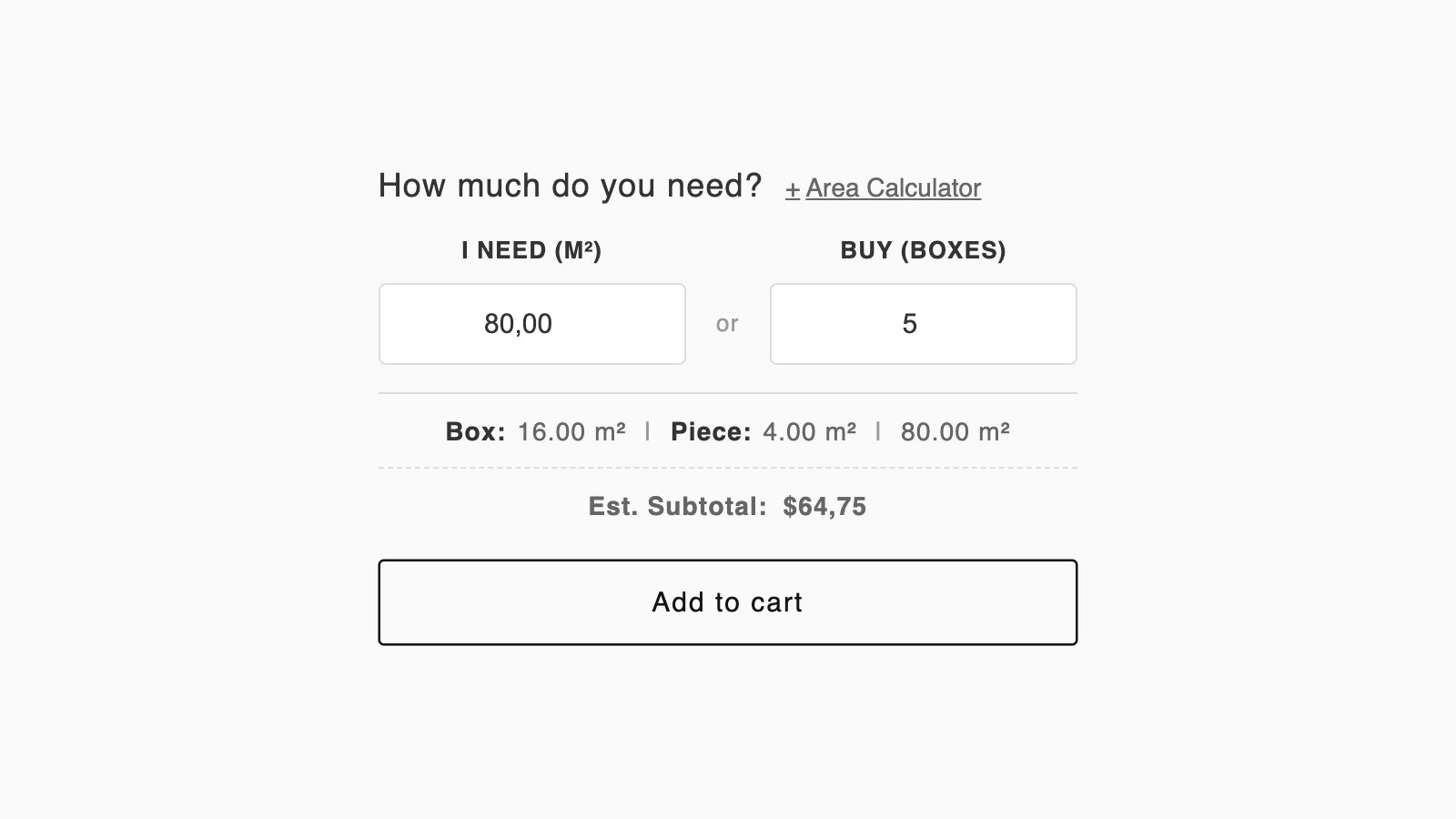 Real-time subtotal calculation based on box quantity.