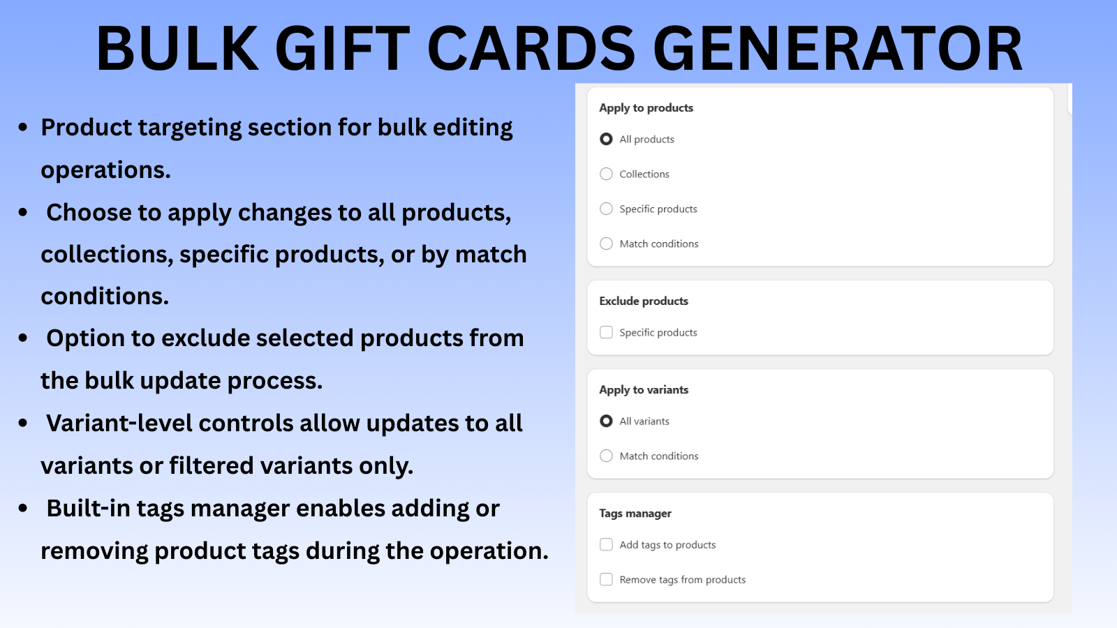 Product targeting and tags manager settings