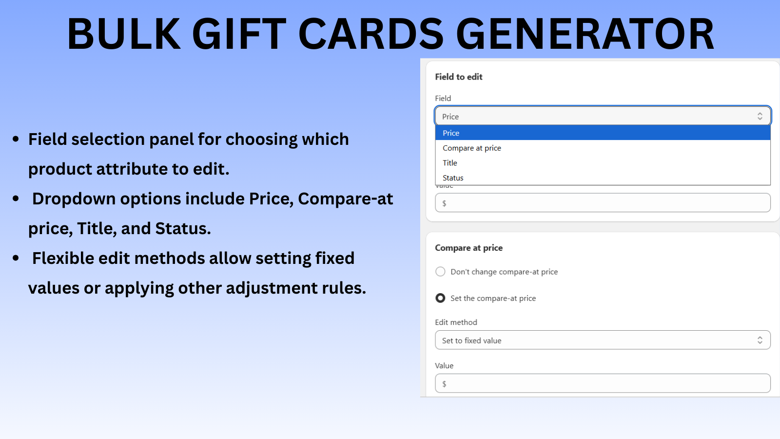 Bulk edit field selection with price options