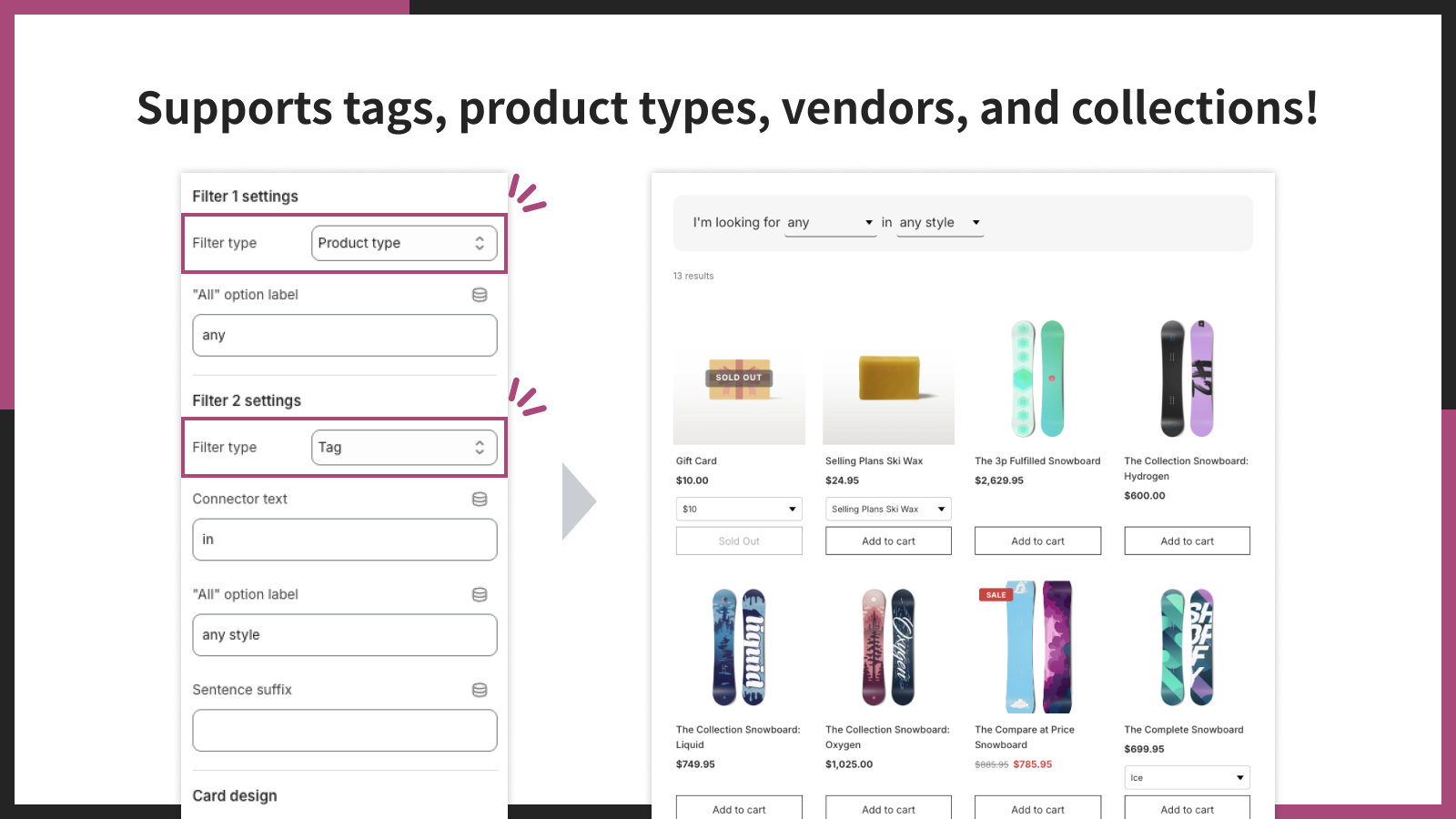 Supports tags, product types, vendors, and collections!