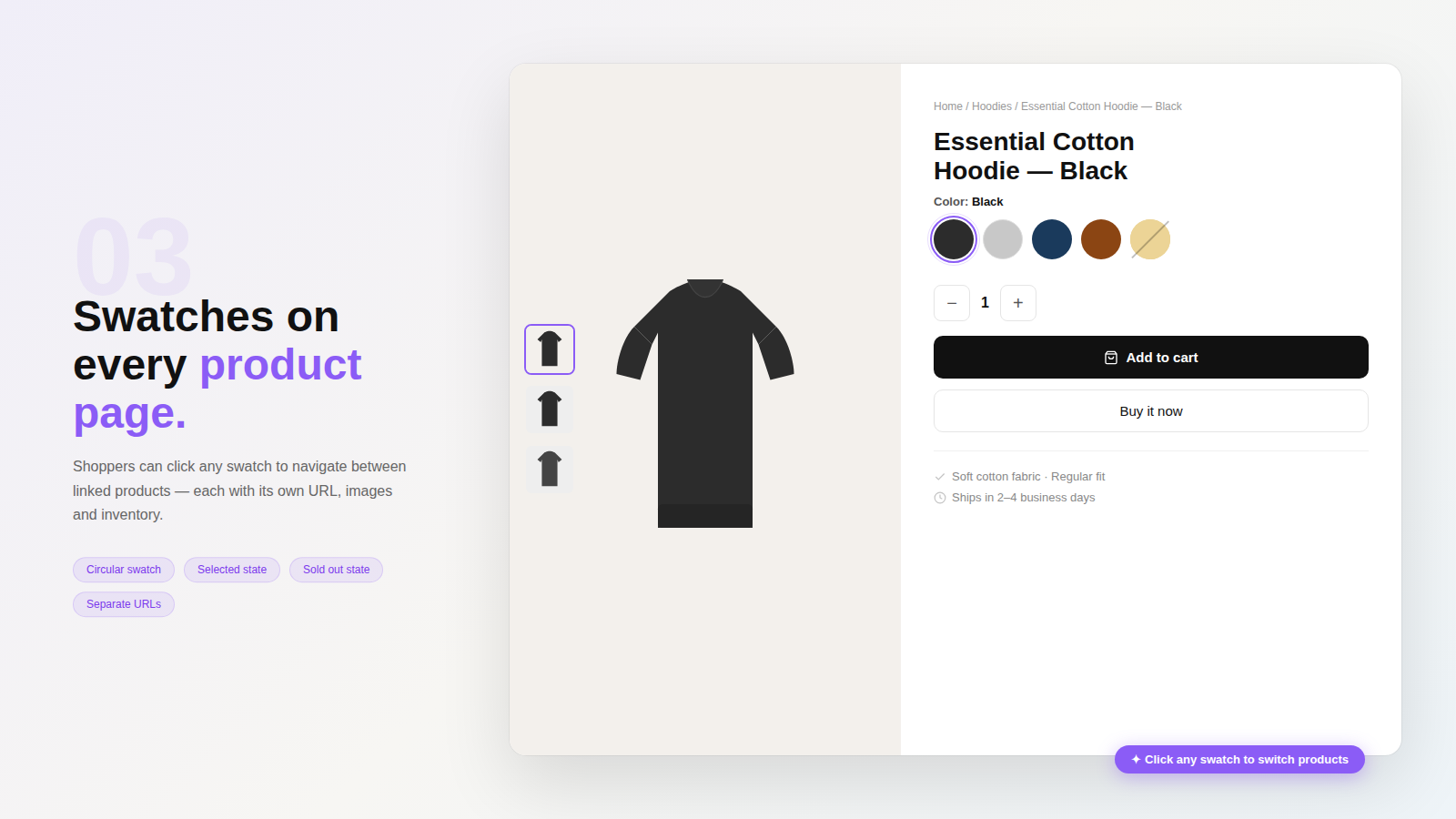 Product page with linked color swatches