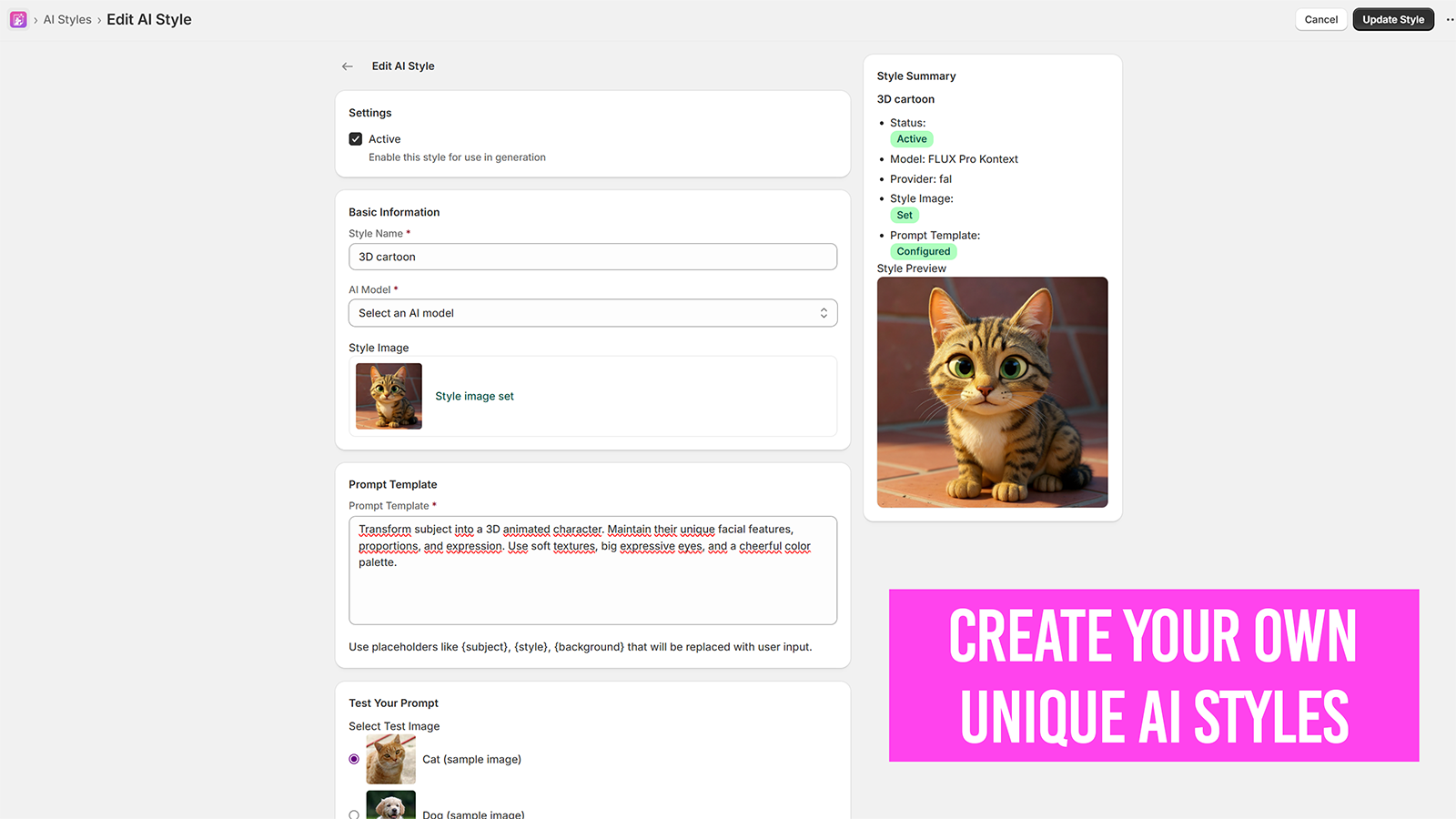 Screenshot of how creating an AI style in Autopictura works