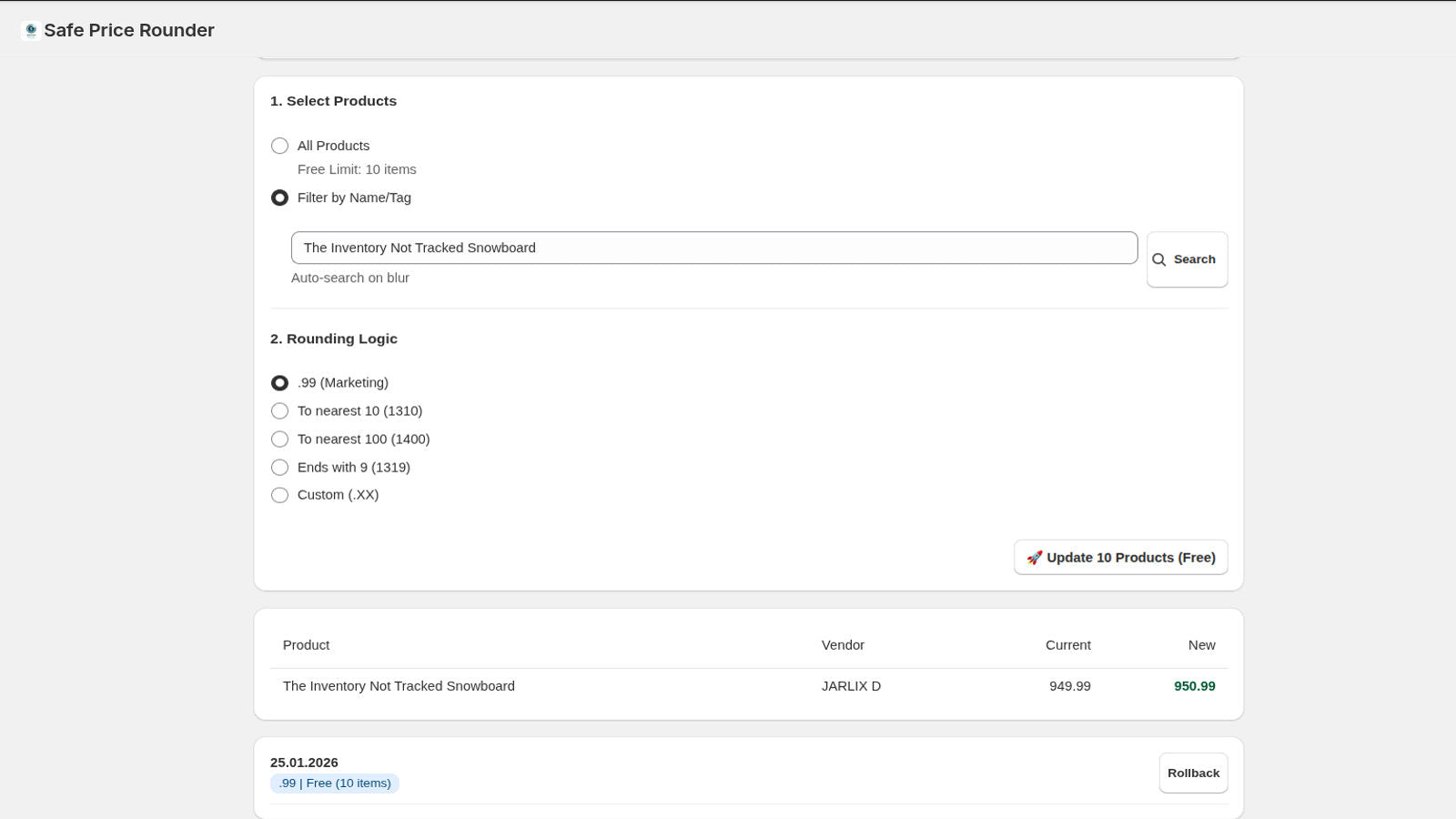 Price update history log with one-click rollback functionality.