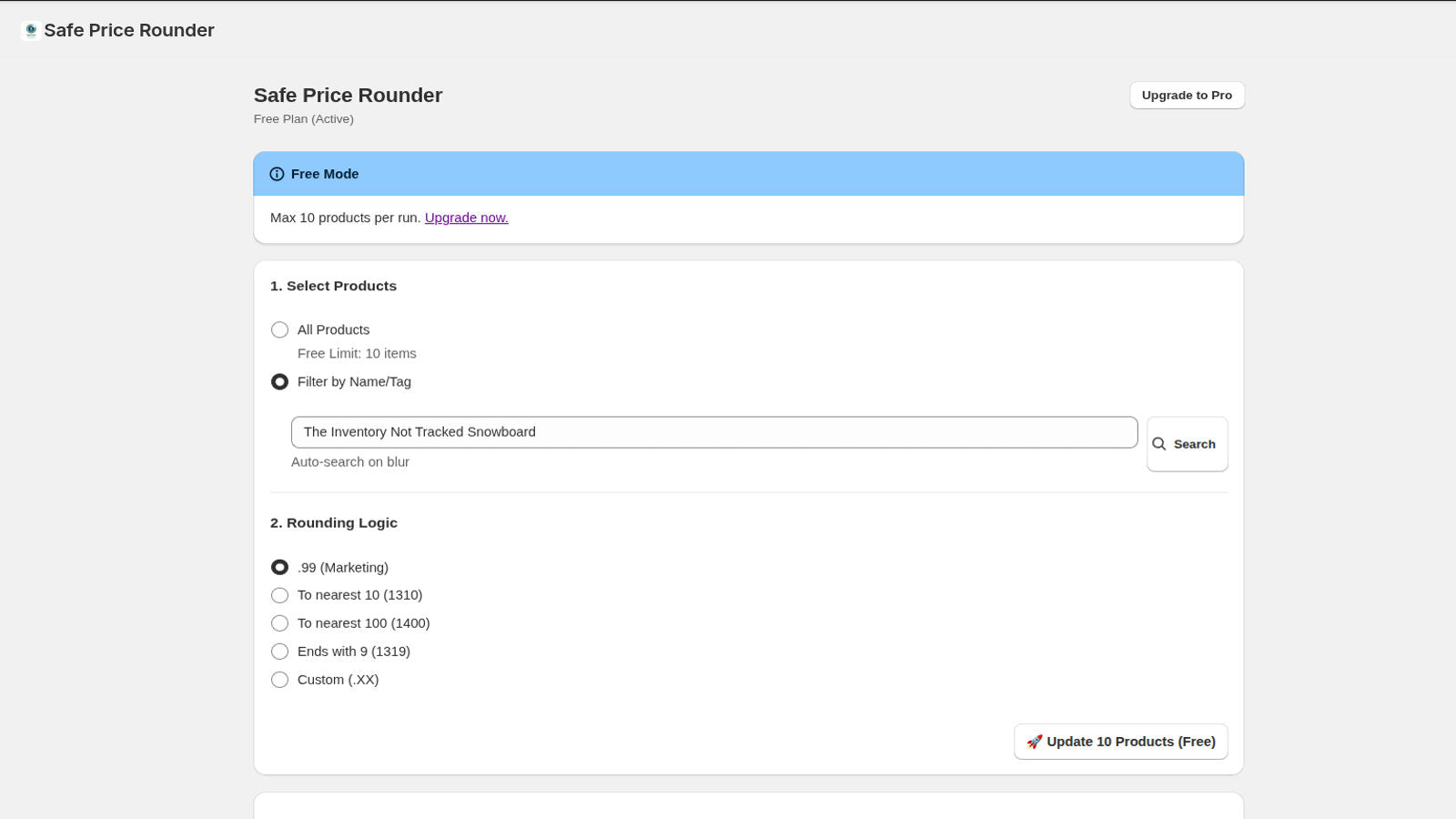 Main dashboard showing price rounding options and product select