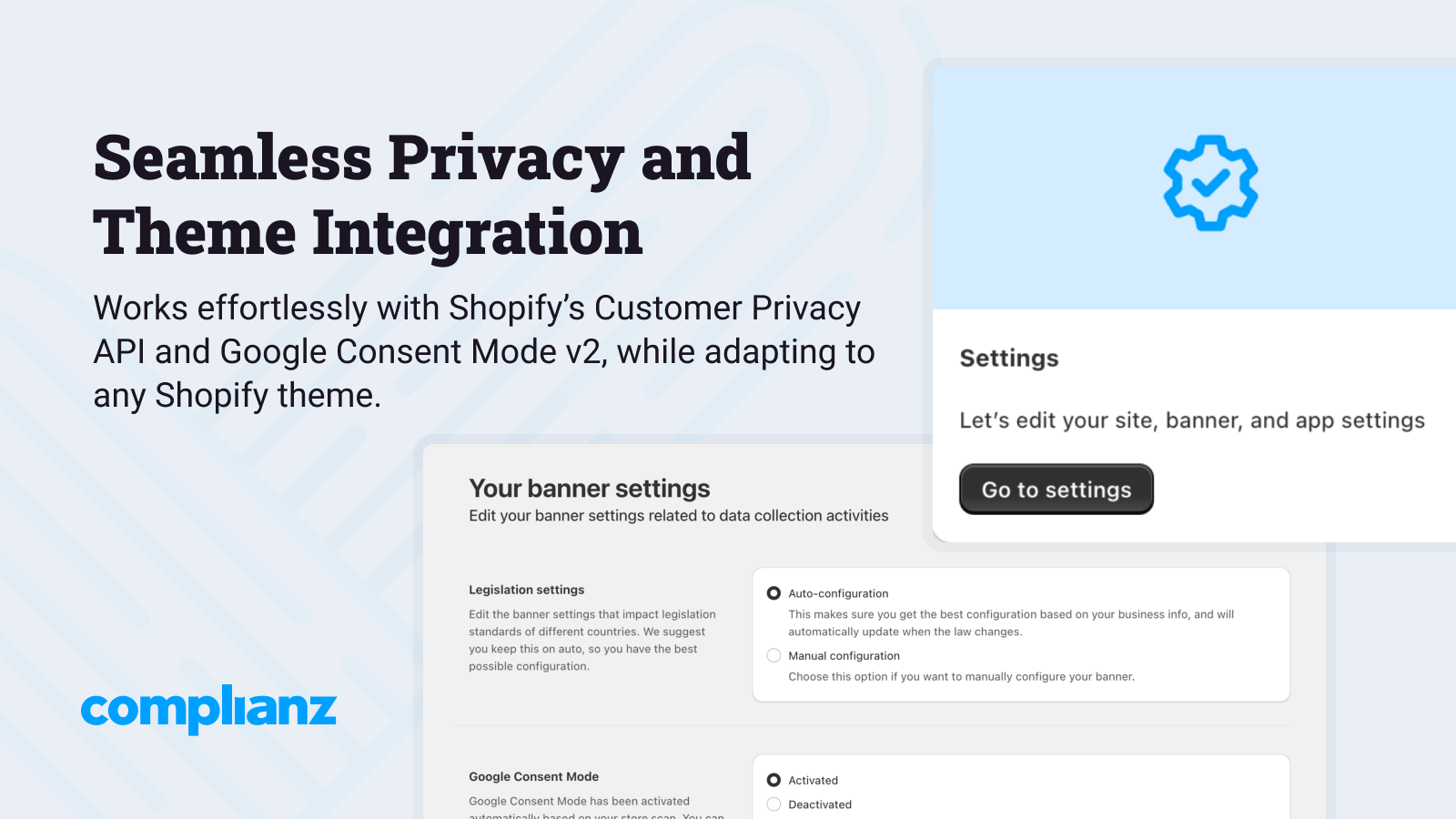 Shopify admin showing integration with privacy tools and themes