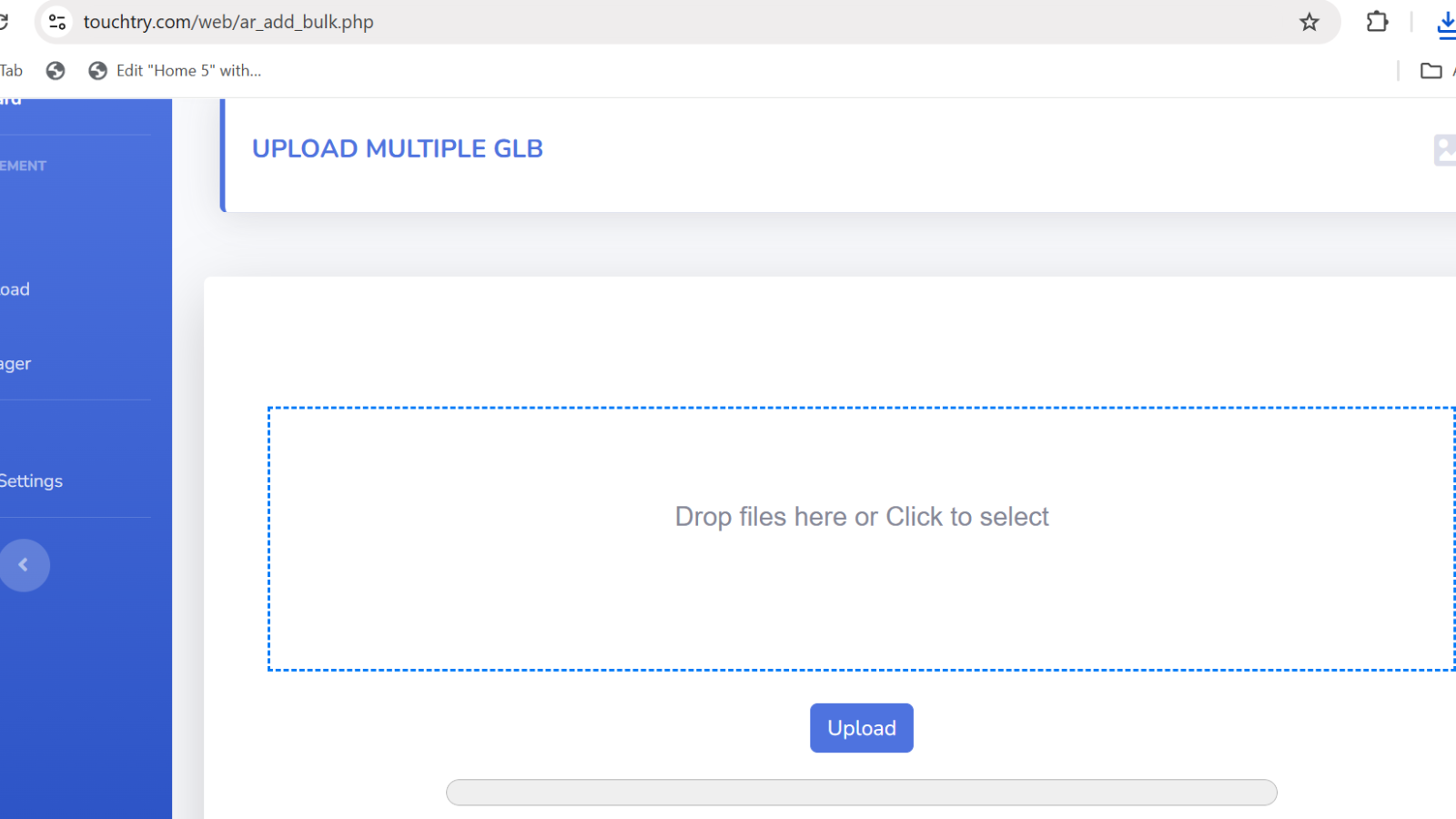 Dashboard: items table with preview, AR link, QR code, actions 