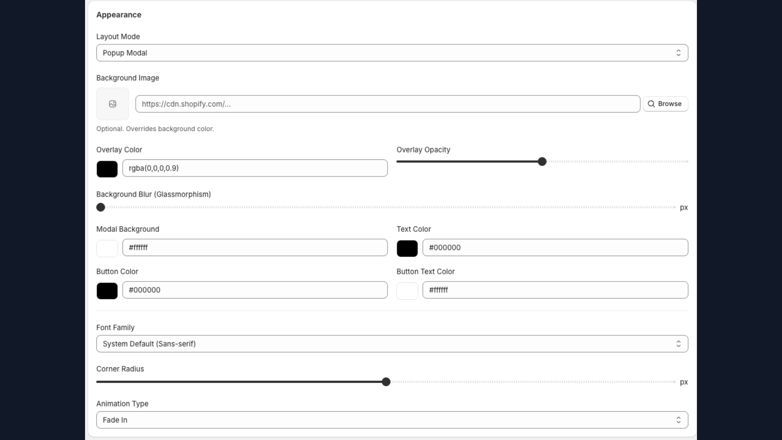 Customizable design settings with glass effect sliders.