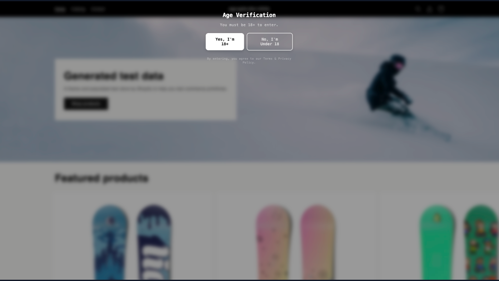 Full screen age verification overlay with blurred bg.