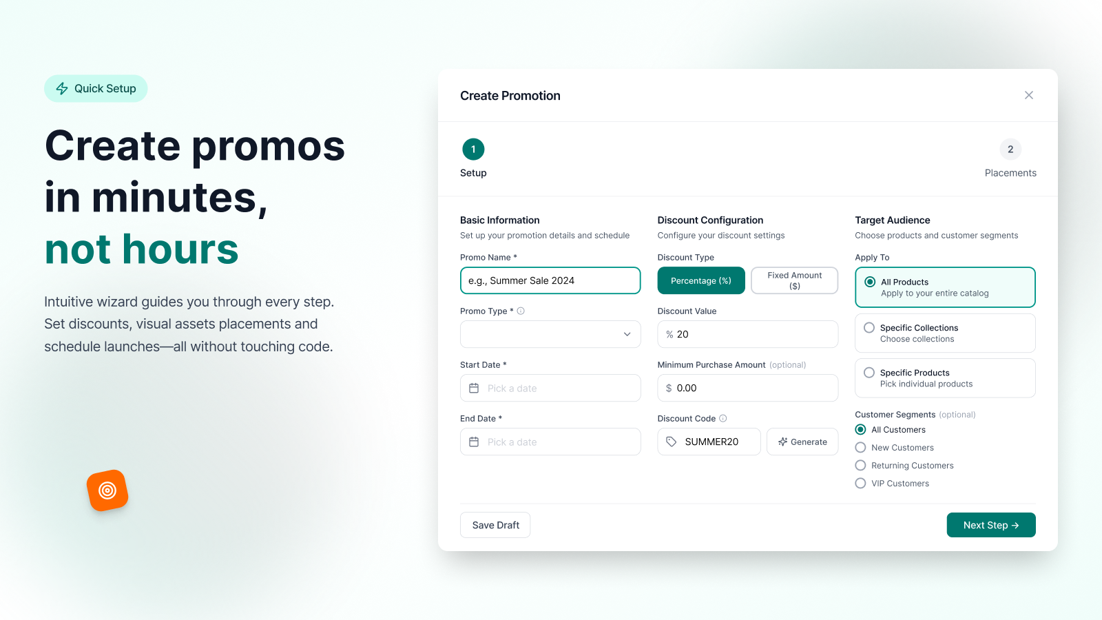 Create Promotion wizard with discount, schedule, and targeting