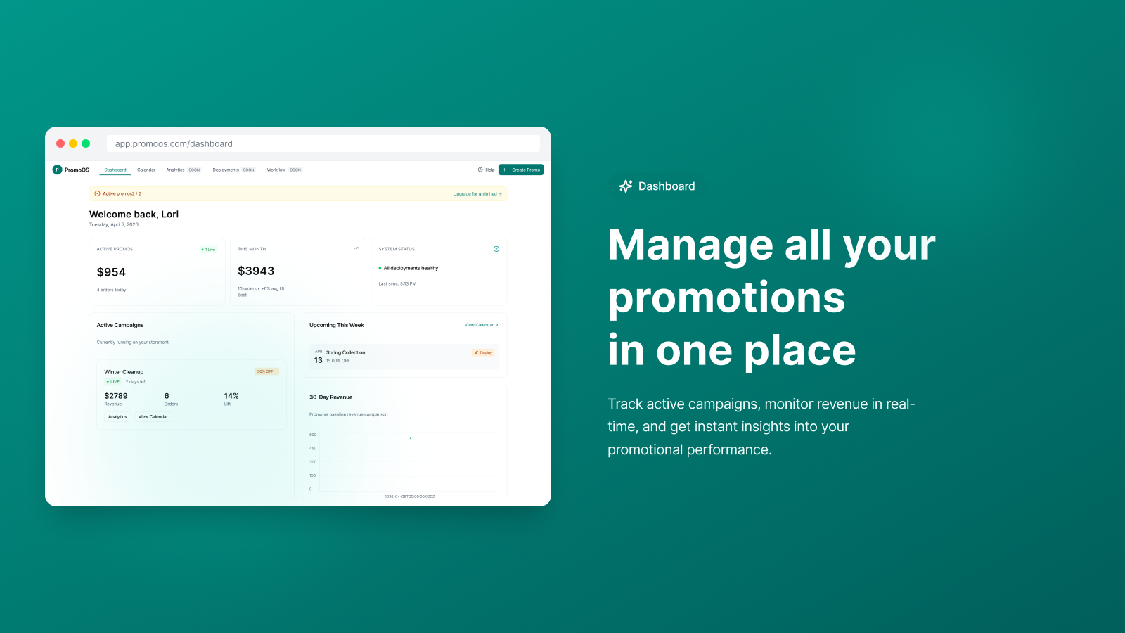 PromoOS dashboard showing active campaigns and revenue stats