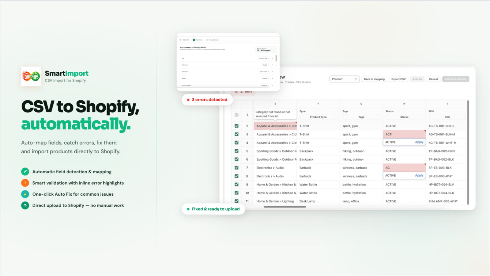 SmartImport CSV detection, validation, and auto fix