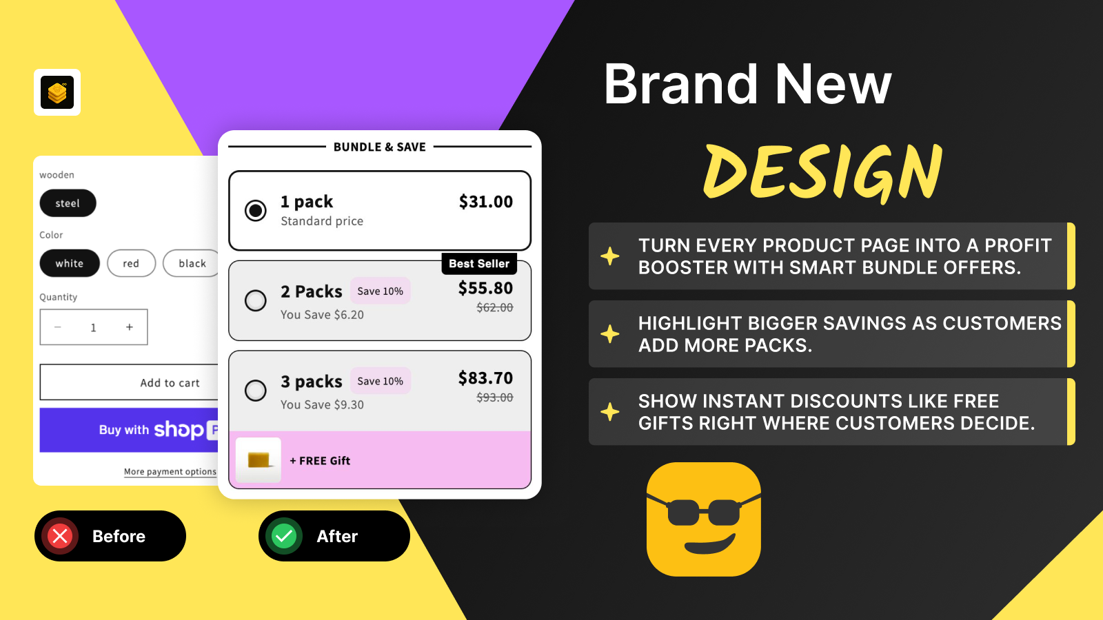 Before and after Shopify product page with bundle savings