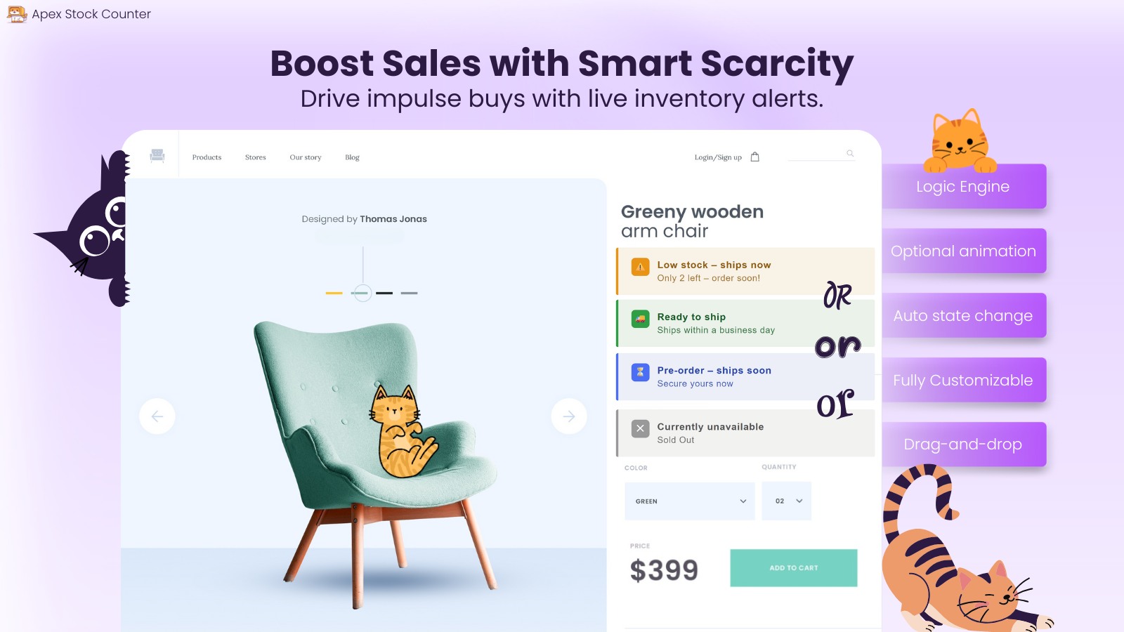 Smart Scarcity badges for Shopify Product and Home pages.