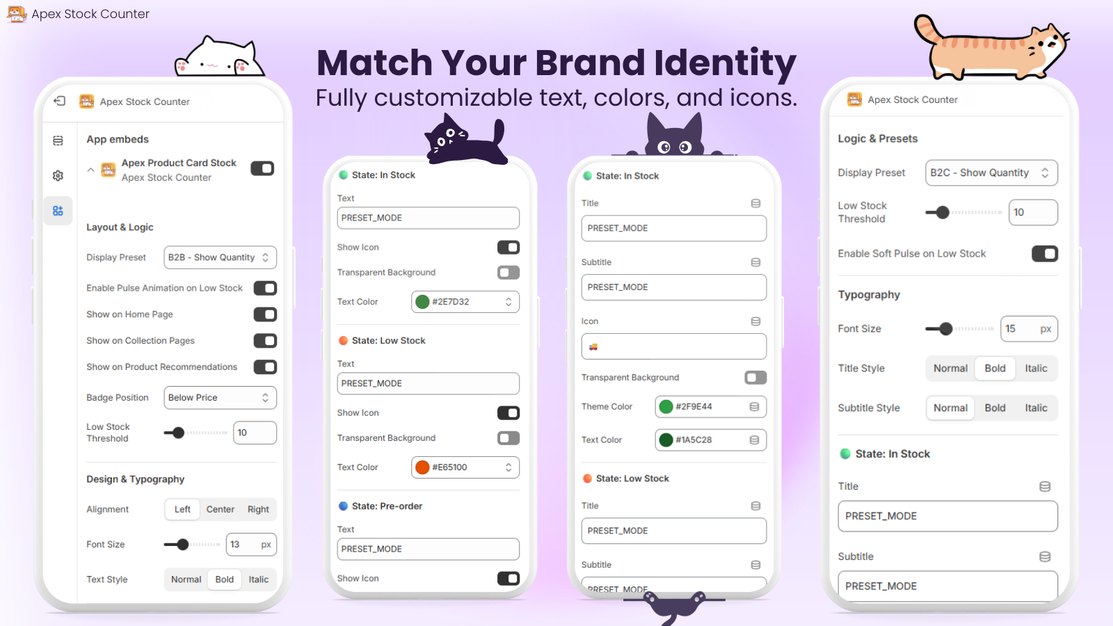 Customizable colors, fonts, and icons for Shopify stock badges.