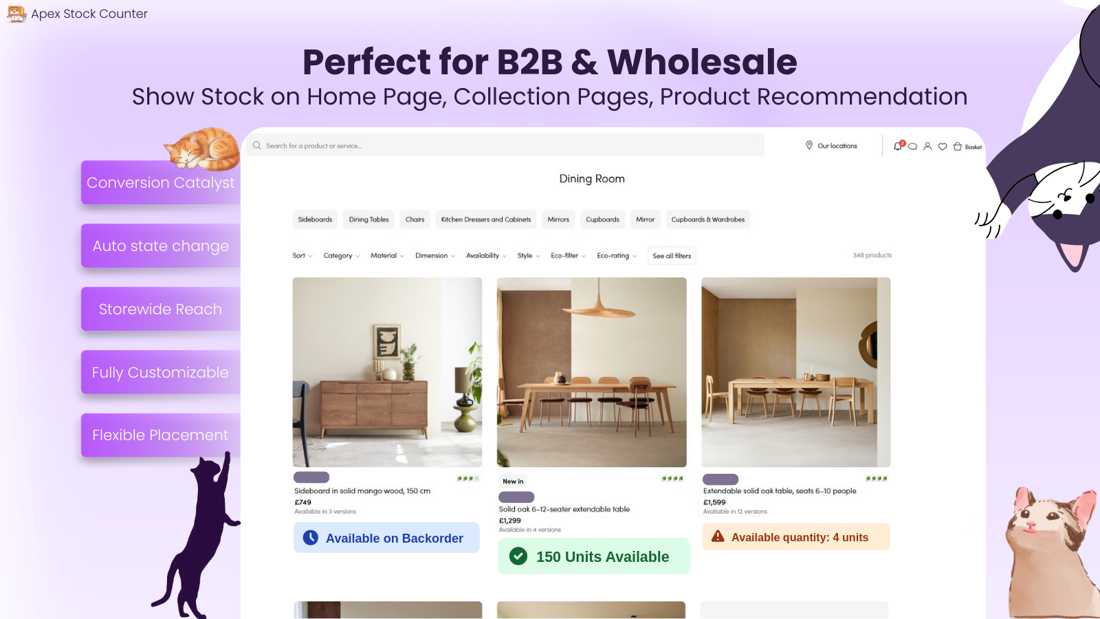 B2B inventory sheets with real-time stock on collection grids.