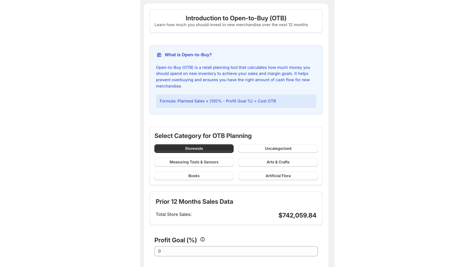 Open-to-Buy calculator with category selection buttons and profi