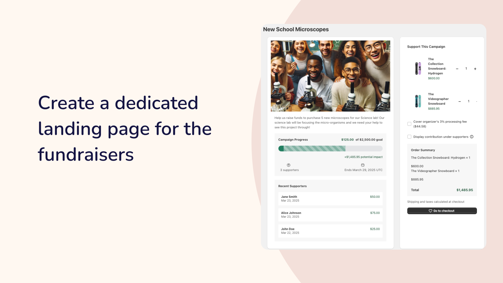 dedicated landing page for fundraiser