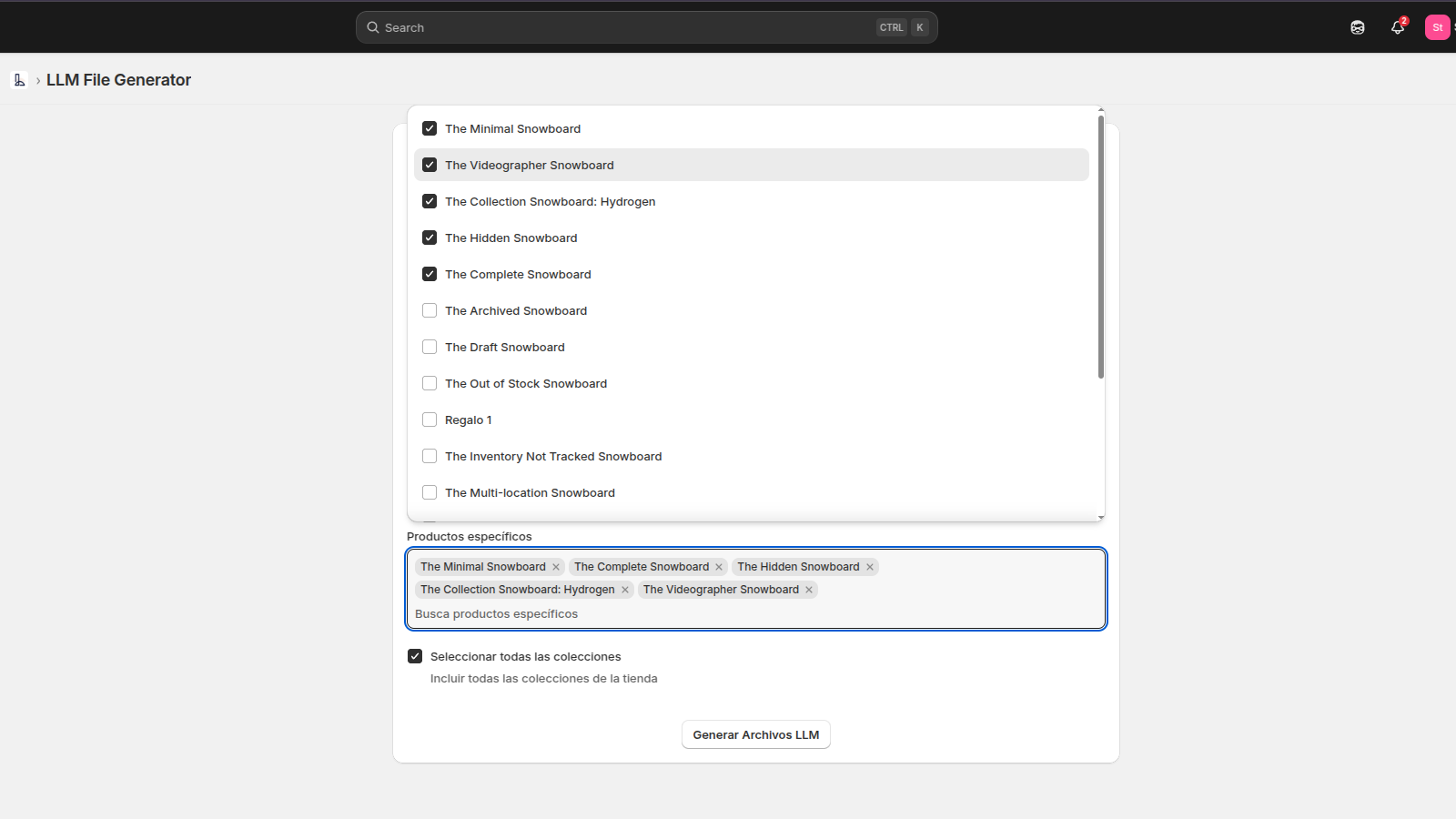 LLMs.txt Generator - Lista desplegable de productos LLM
