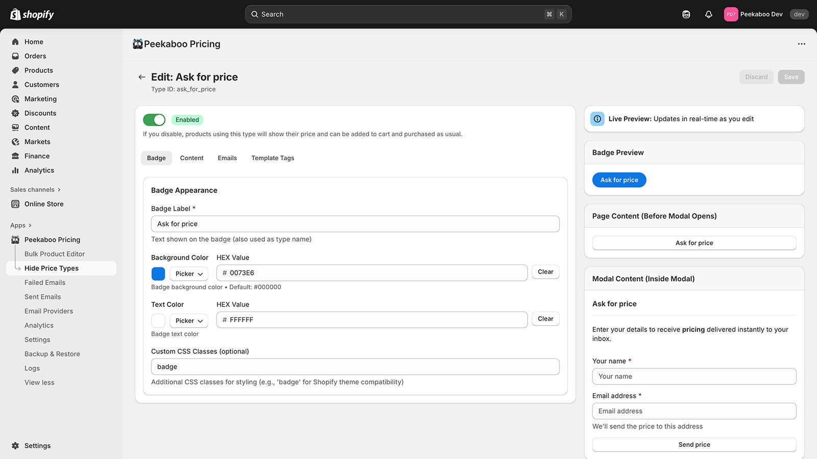 Fully customizable ‘ask for price’ hide type editor