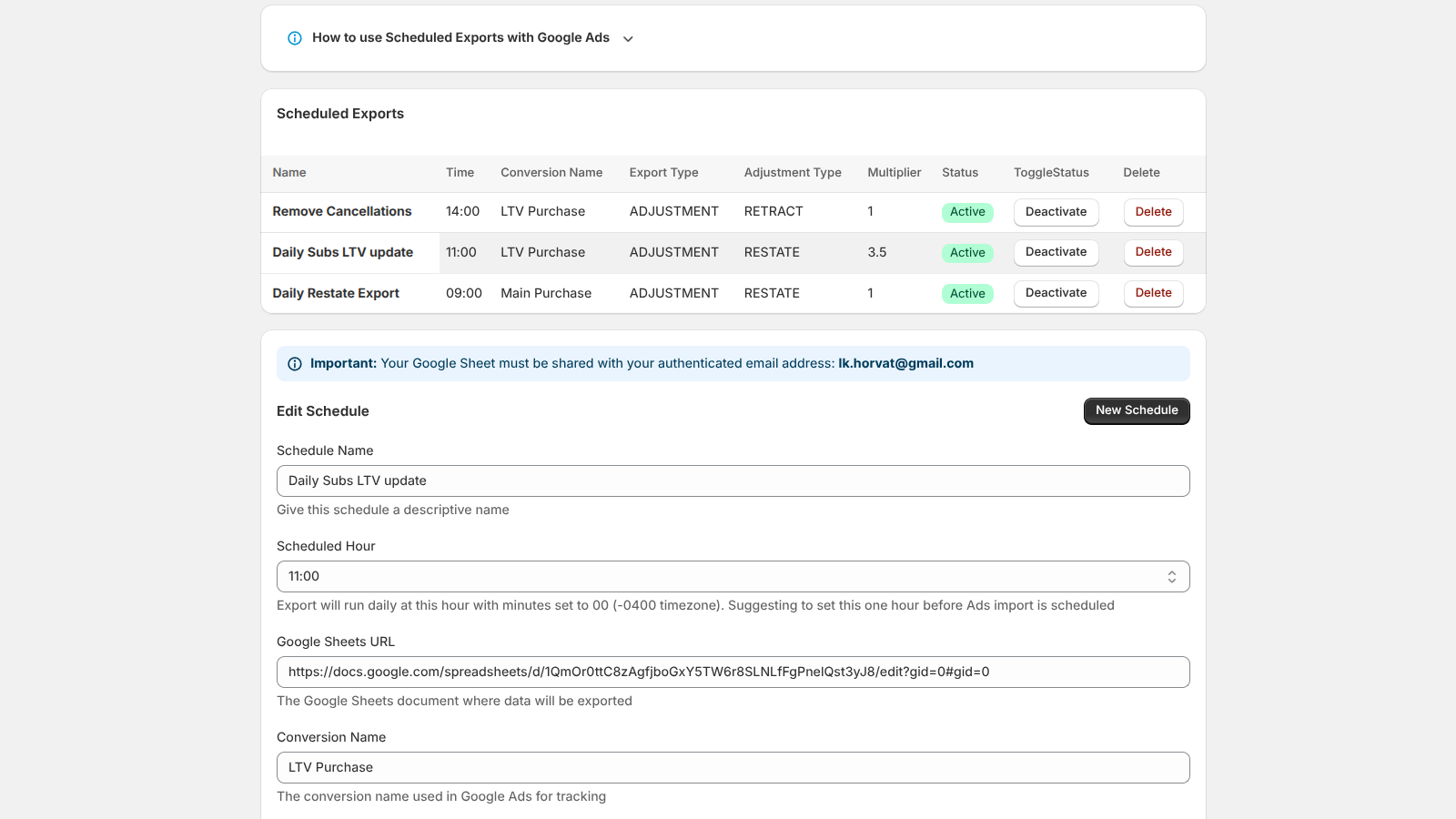 Schedule automated exports to google sheets