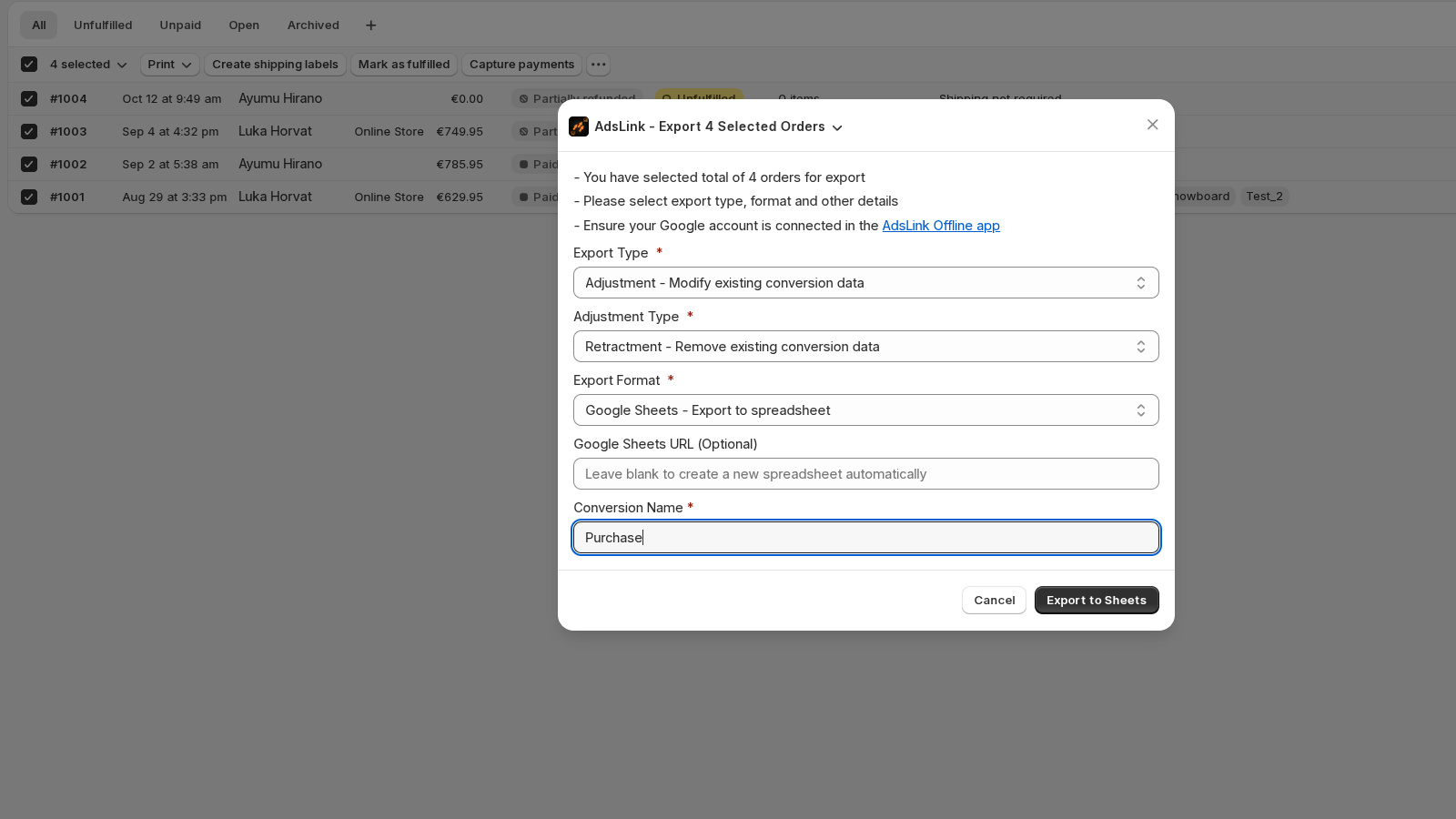 Export orders to google sheets directly from the order index