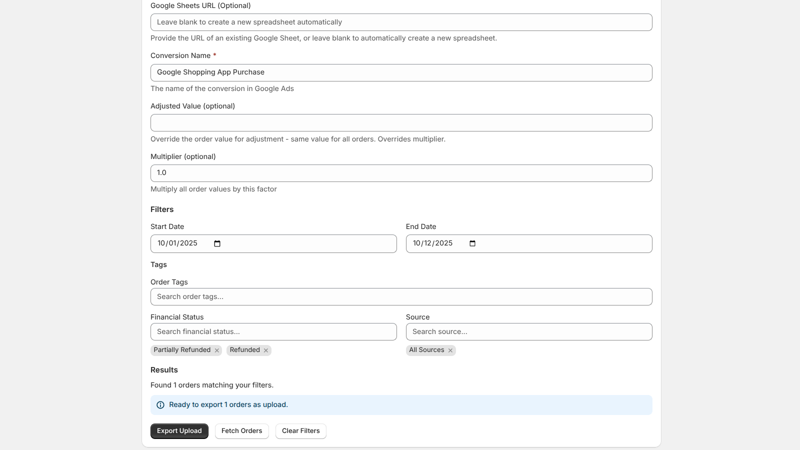 Export orders to a google ads specific format