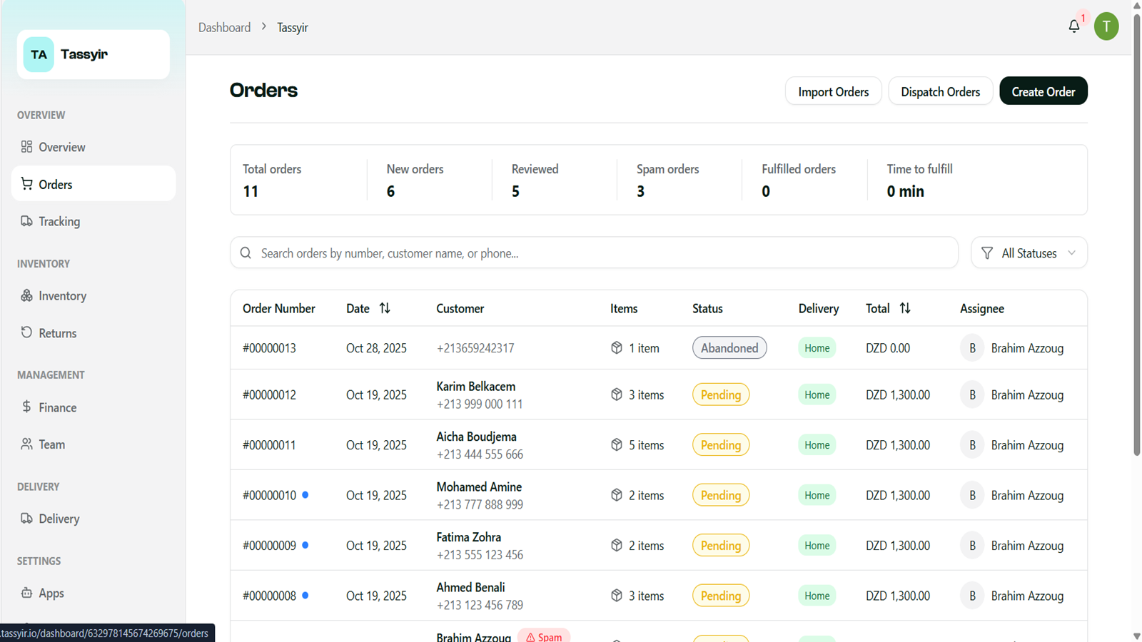Manage and track orders directly from Tassyir.