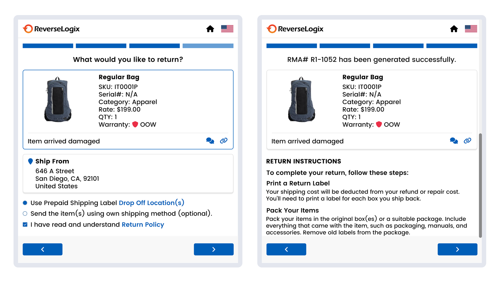 Return Portal – RMA created with shipping label and summary